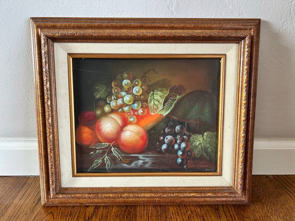 Vintage Fruit Still Life Oil Painting, Framed, Signed Stewart, Grapes & Peaches